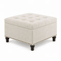 Tufted Fabric Storage Ottoman Beige Square 65cm