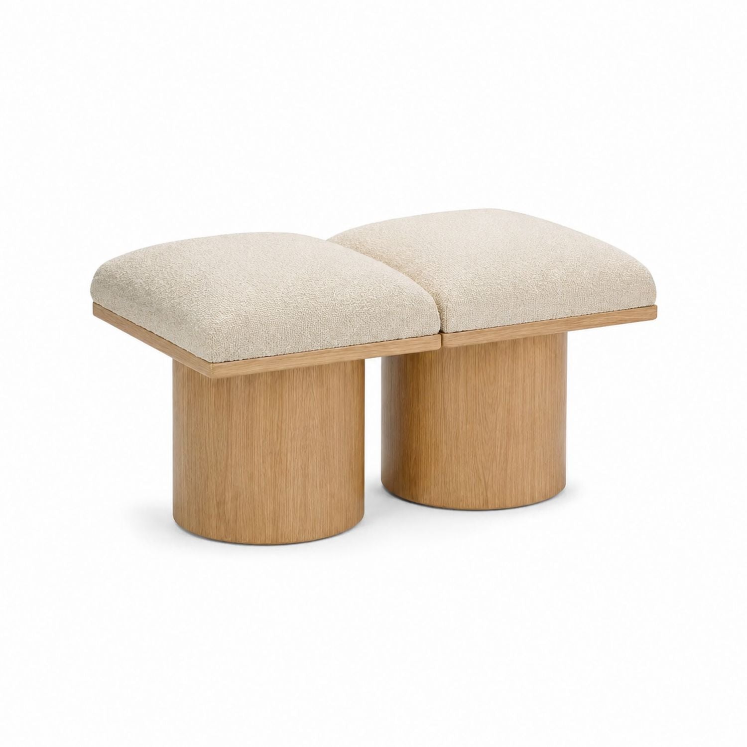 Wooden Dual Seat Bench with Beige Upholstery