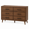 Commode à 6 tiroirs en bois de noyer avec poignées en métal noir