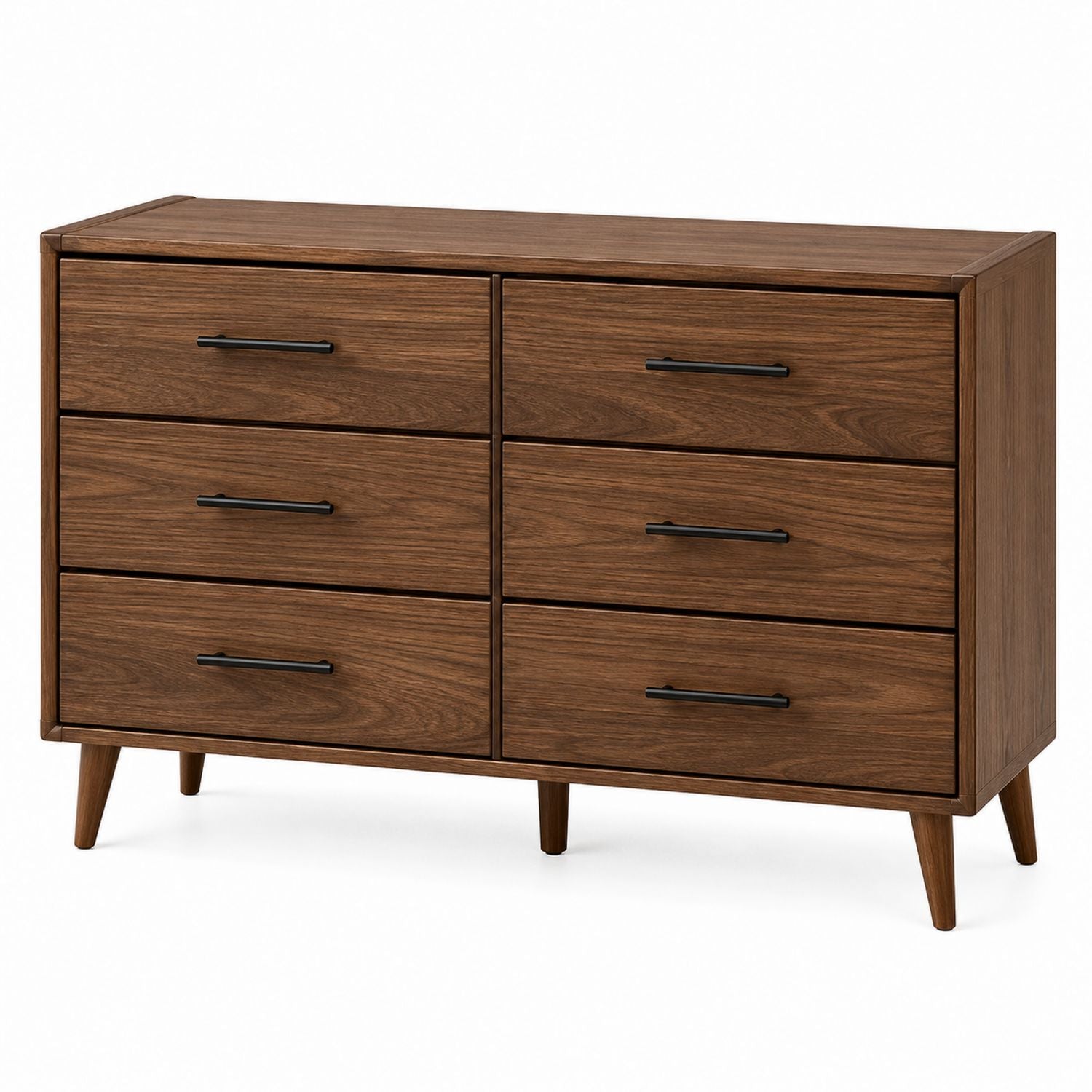 Commode à 6 tiroirs en bois de noyer avec poignées en métal noir