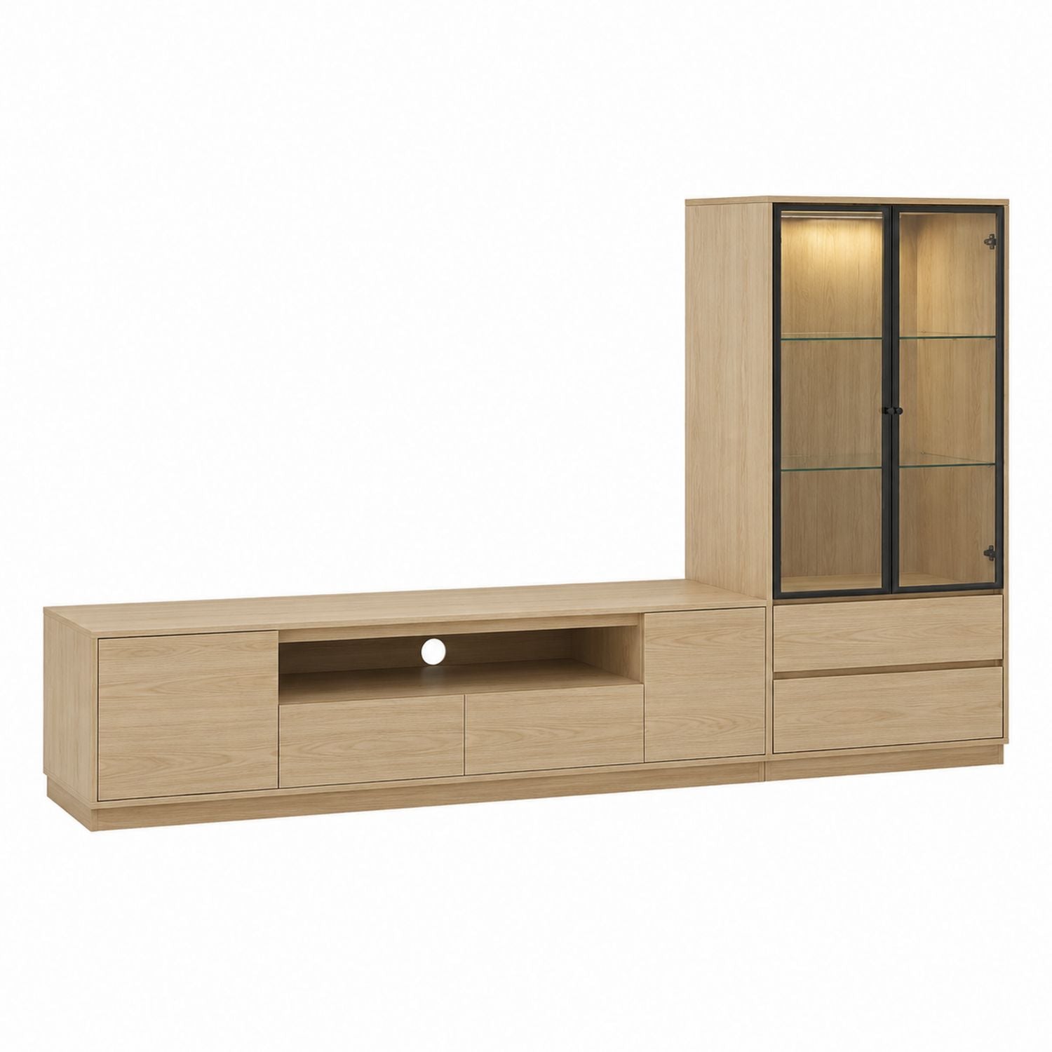 Oak Wood TV Stand and Display Cabinet Set with Tempered Glass and Storage, Natural Oak, 200cm