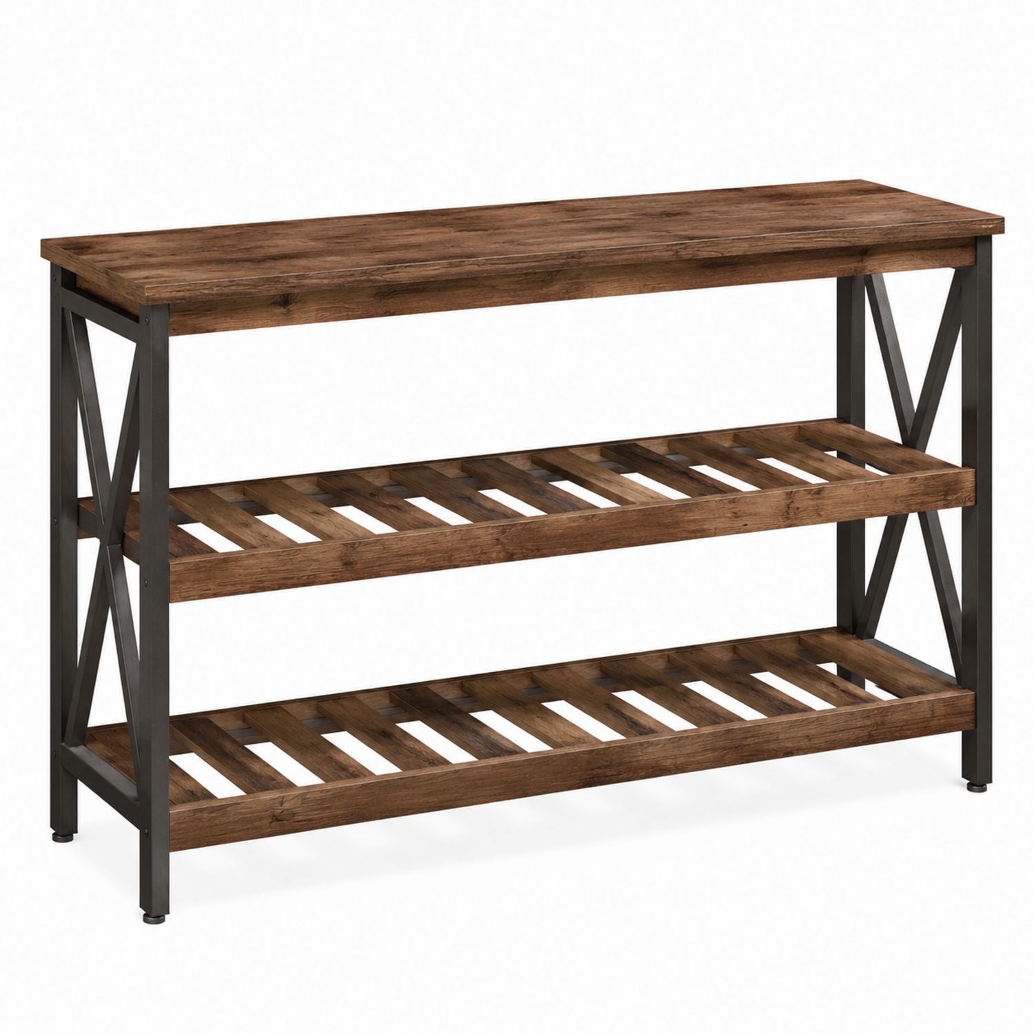 Console industrielle plateau en bois massif cadre métal marron noir 120x40x80cm