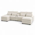 Beige Corduroy 7-Piece Sectional Sofa with Chaise and Built-in Cupholders