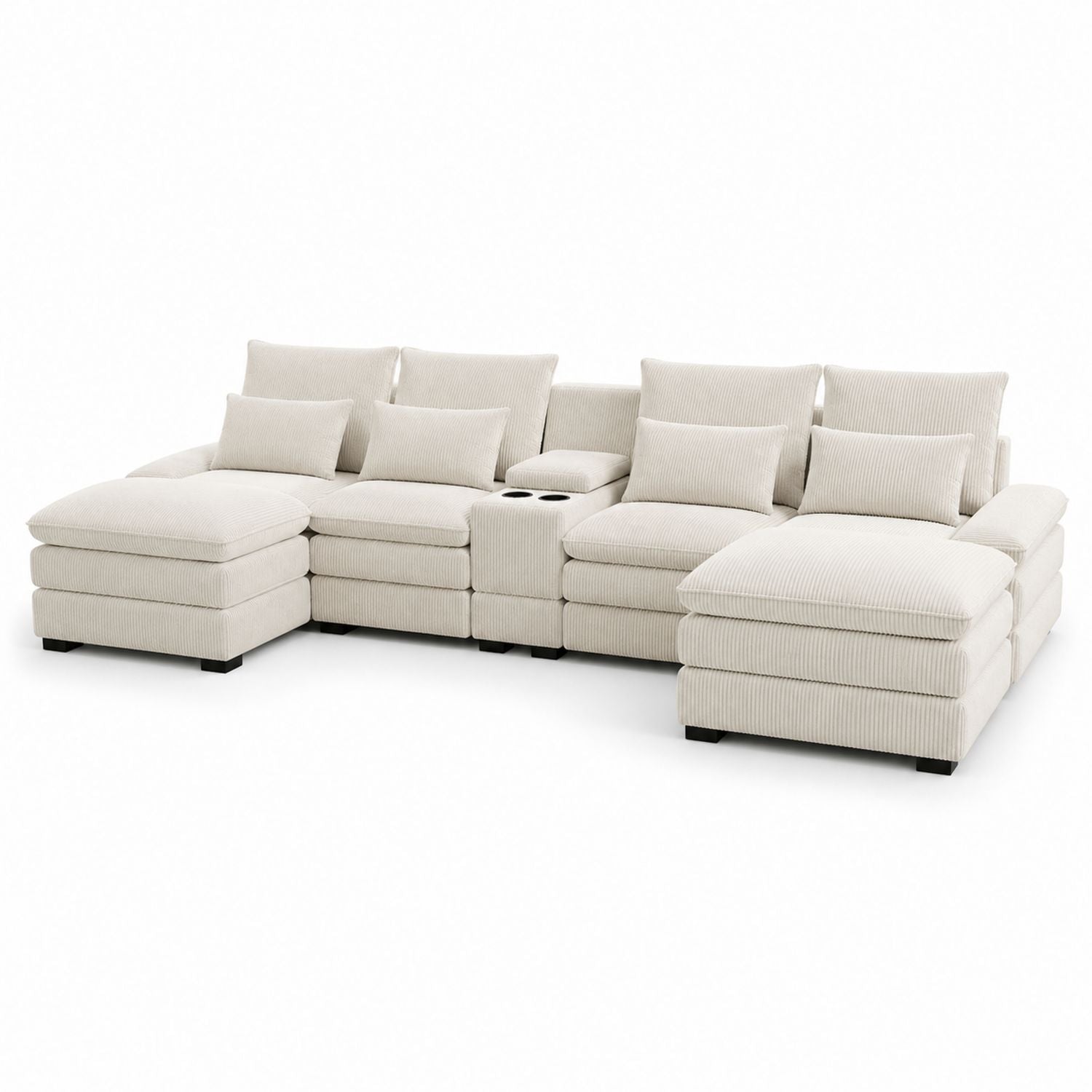 Canapé d'angle 7 places en velours côtelé beige avec méridienne et porte-gobelets intégrés