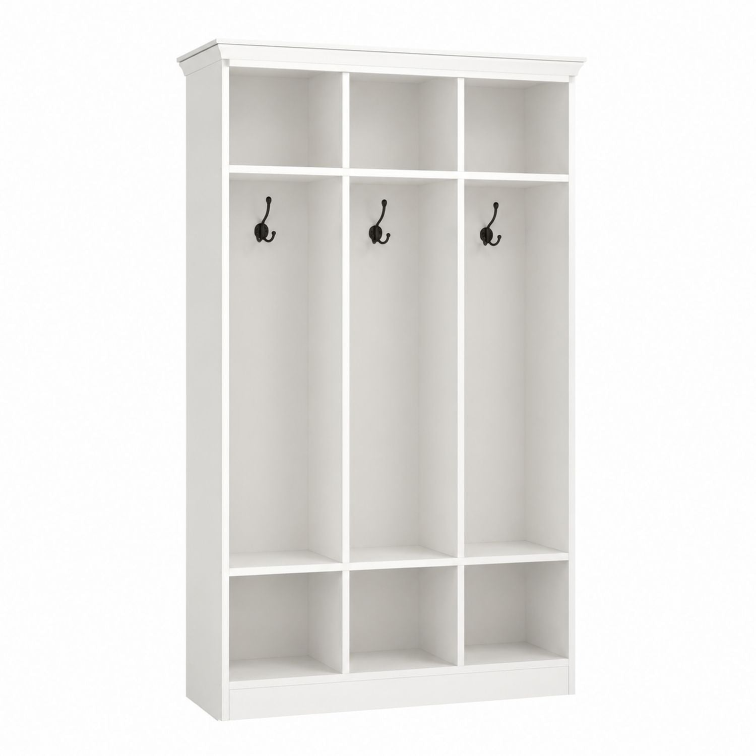 Porte-manteau d'entrée en MDF blanc avec patères en métal et compartiments 193 cm