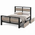 Queen Size Metal and Wood Bed Frame with Storage Drawers Black/Brown
