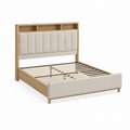 Lit plateforme tapissé en bois, tissu beige, chêne