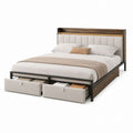 Metal and Wood Upholstered Platform Bed with Fabric Storage Drawers Beige Queen Size