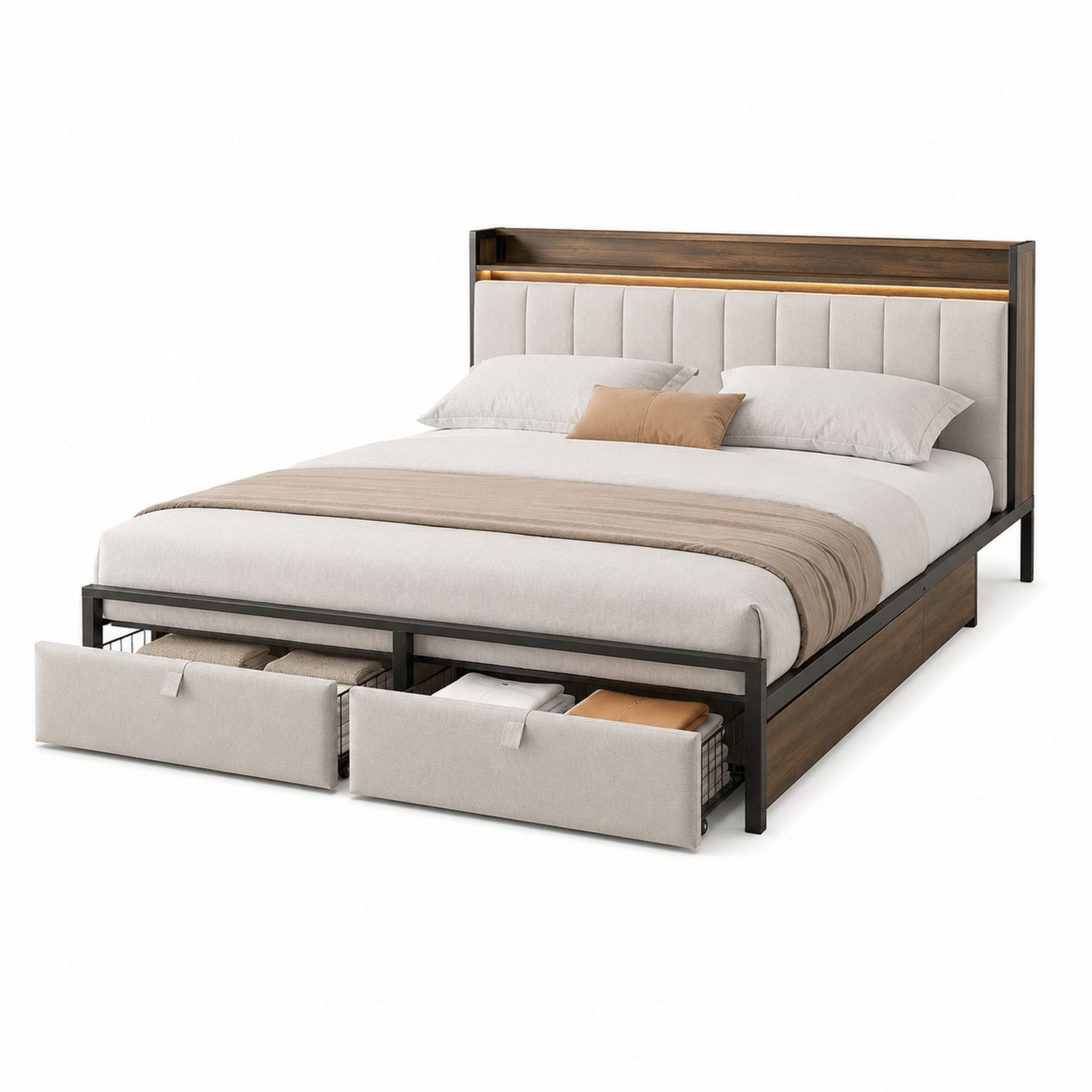 Metal and Wood Upholstered Platform Bed with Fabric Storage Drawers Beige Queen Size