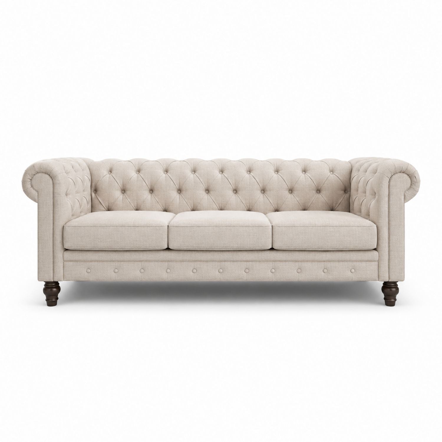 Canapé Chesterfield en lin beige, capitonné, 3 places, 220 cm