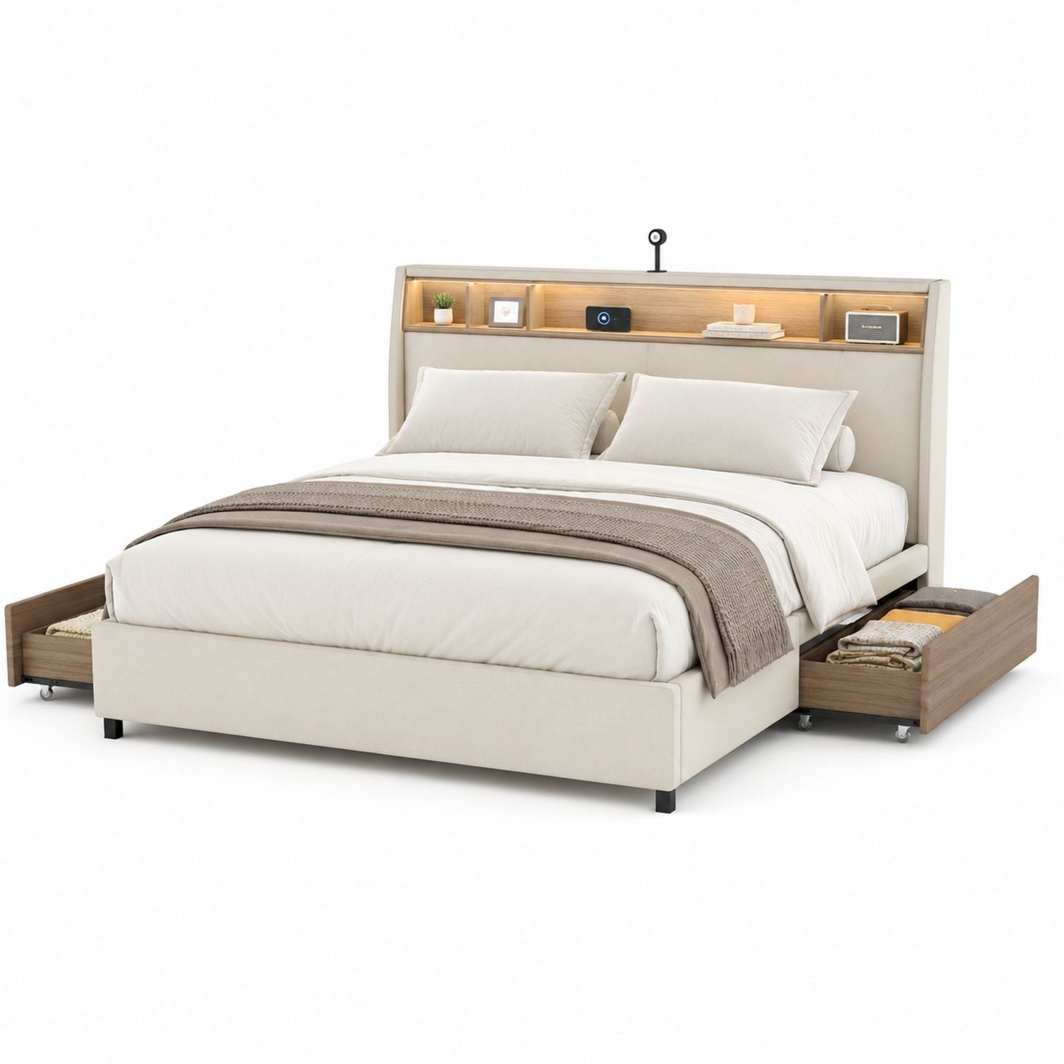Lit double rembourré avec tiroirs de rangement et étagère Beige