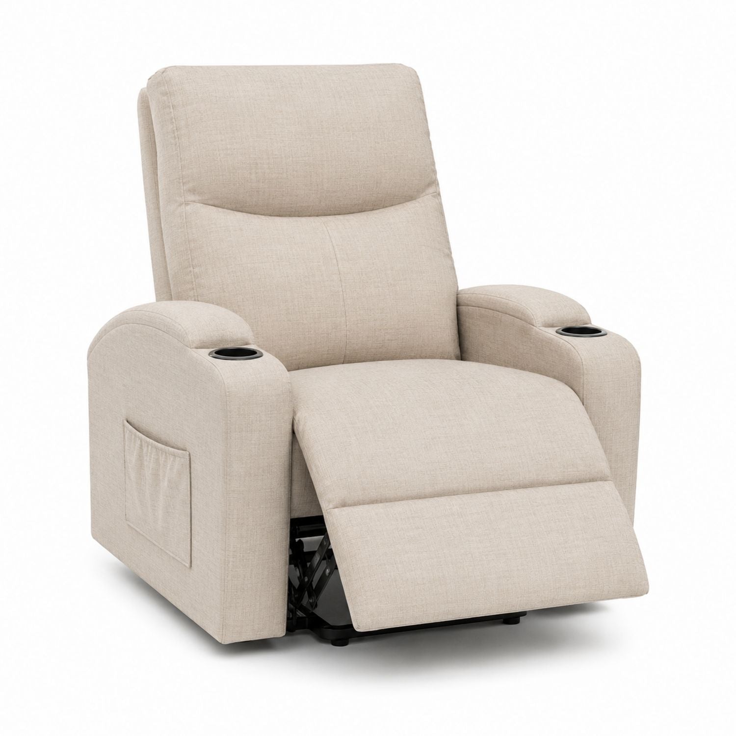 Beige Polyester Recliner Chair with Cup Holders and Side Pocket