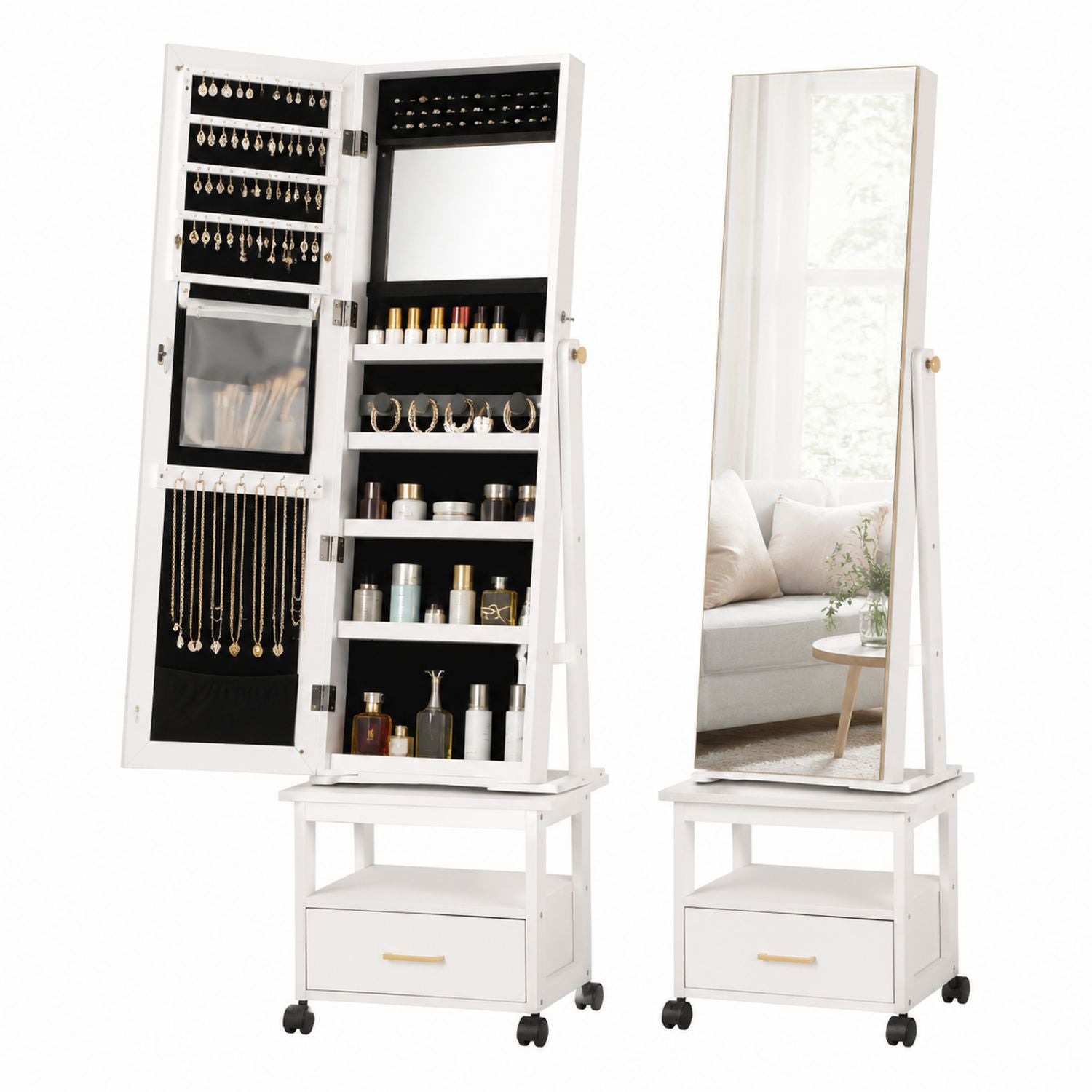 Wooden Jewelry Armoire with Full-Length Mirror and Drawer on Wheels