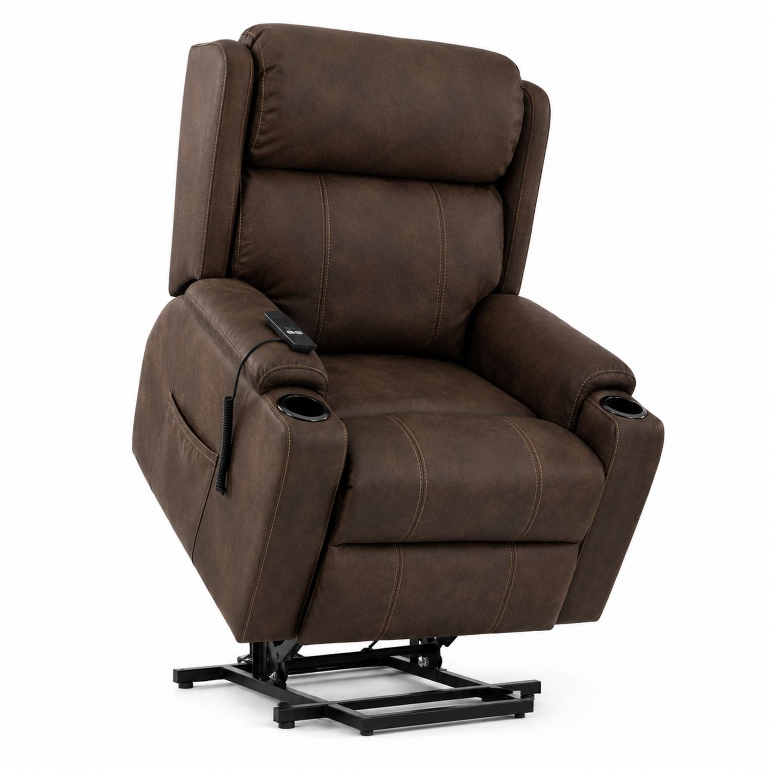 Fauteuil inclinable en cuir synthétique marron avec structure en acier et porte-gobelets