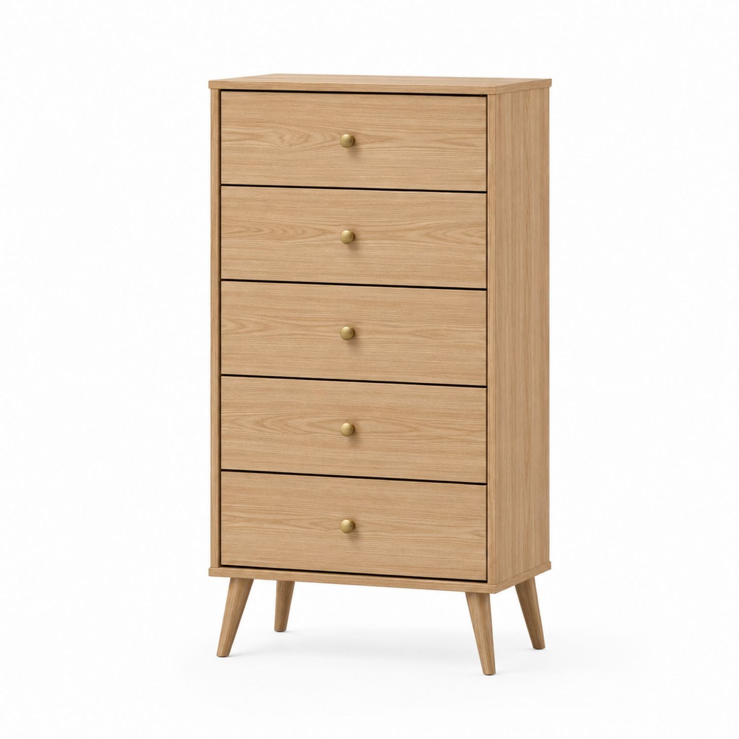 Commode 5 tiroirs en bois, finition chêne clair, hauteur 120 cm