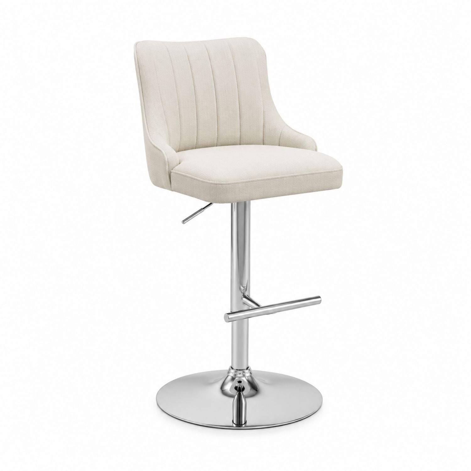 Tabouret de bar pivotant réglable avec siège en tissu et base chromée beige