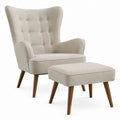 Fauteuil à oreilles en lin beige avec pouf