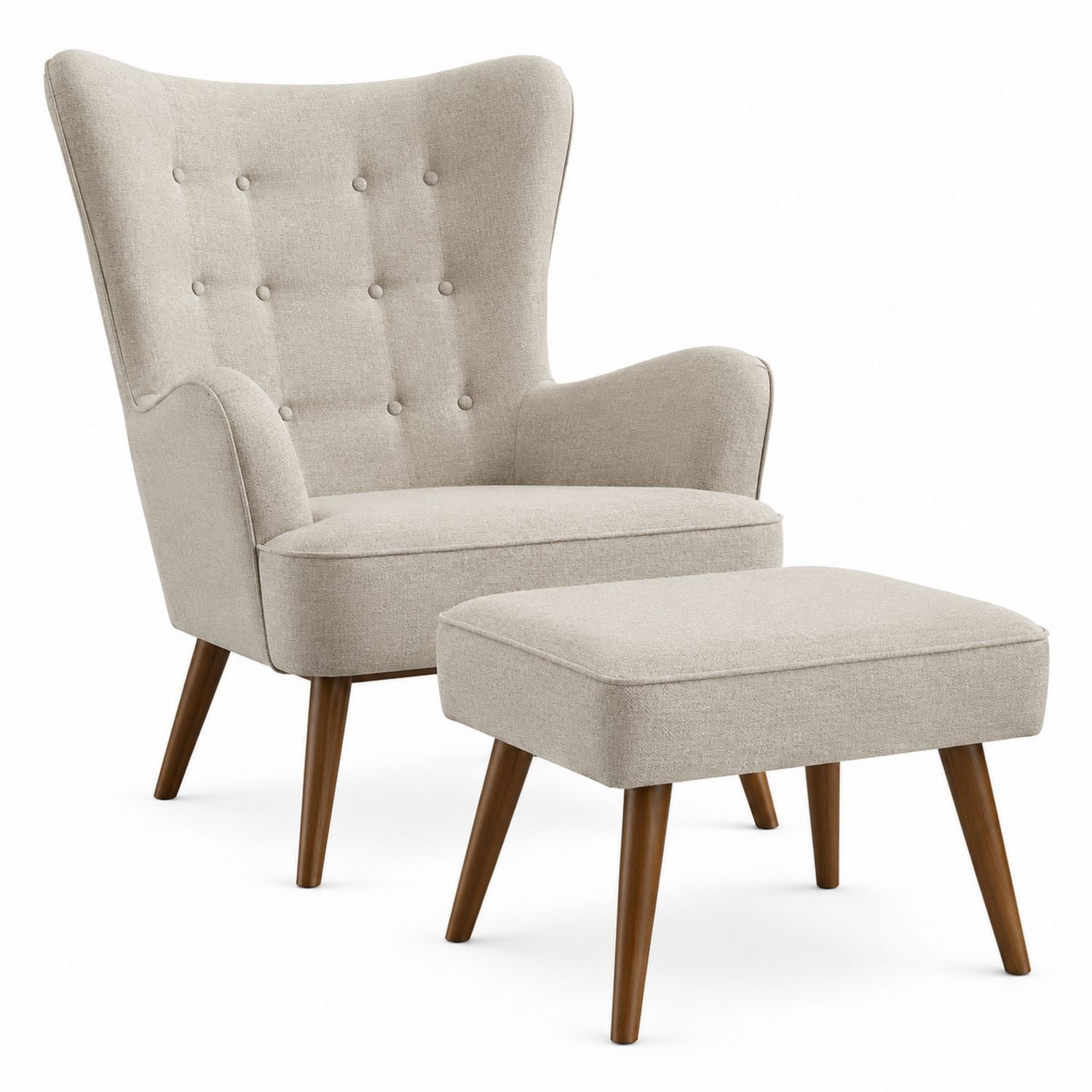 Fauteuil à oreilles en lin beige avec pouf