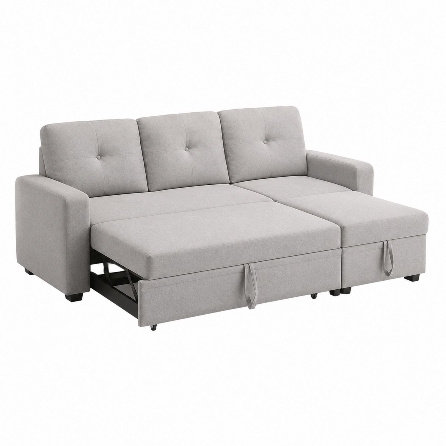Fabric Sofa Bed with Pull-Out Sleeper and Storage Chaise Light Grey 215cm