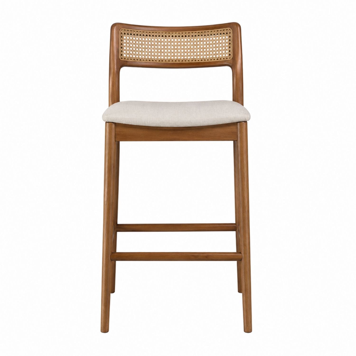 Tabouret de bar en bois avec dossier en rotin et assise en lin beige 100cm