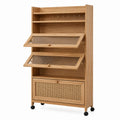 Wood Pantry Cabinet with Ribbed Glass and Rattan Drawer