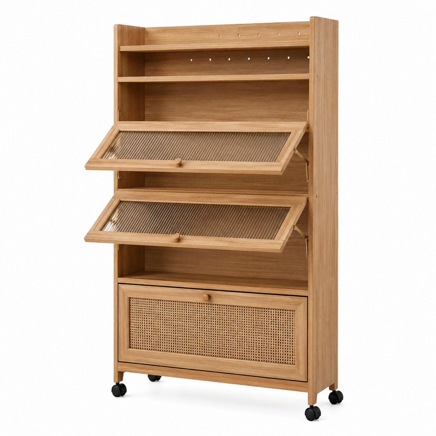 Meuble de rangement en bois avec verre cannelé et tiroir en rotin