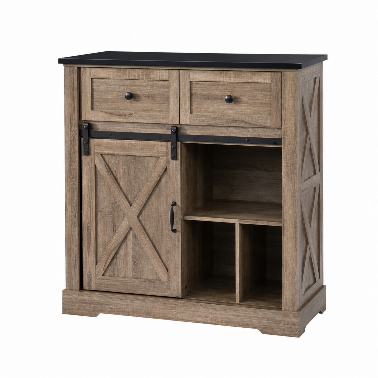Buffet en bois avec porte coulissante de style grange et étagères