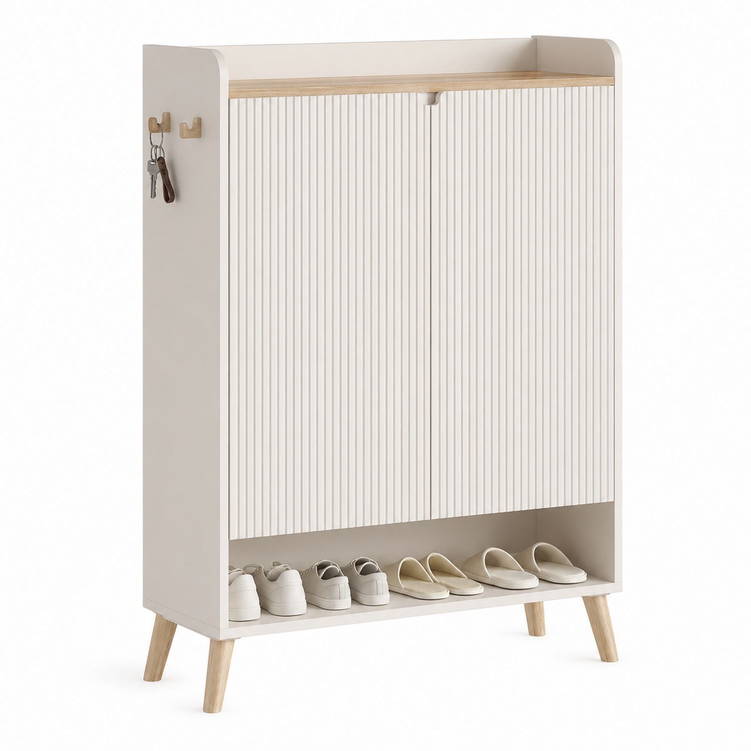 Wooden Shoe Cabinet with Sliding Doors and Hooks Beige Natural Finish 100cm Height