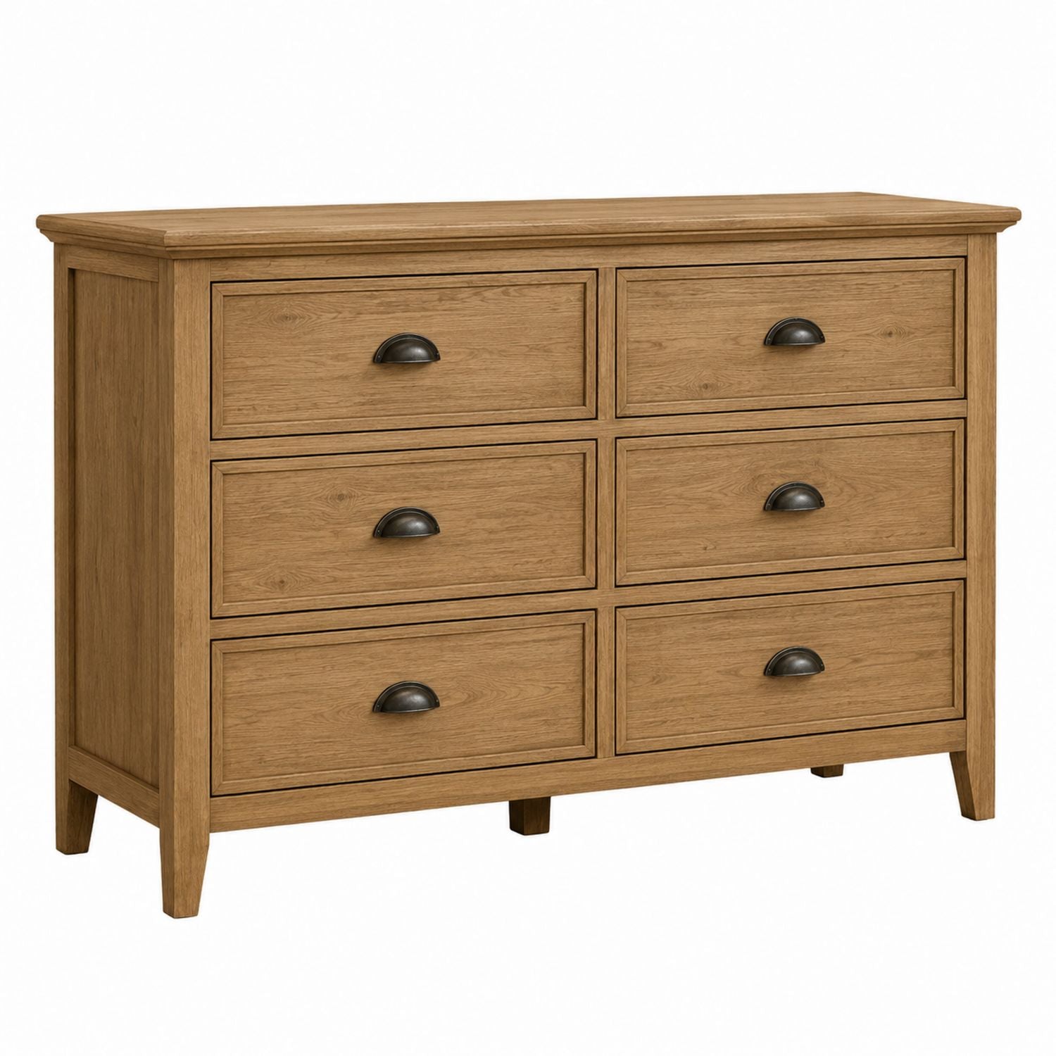 Commode 6 tiroirs en bois de chêne, finition naturelle, 120 cm x 40 cm x 75 cm