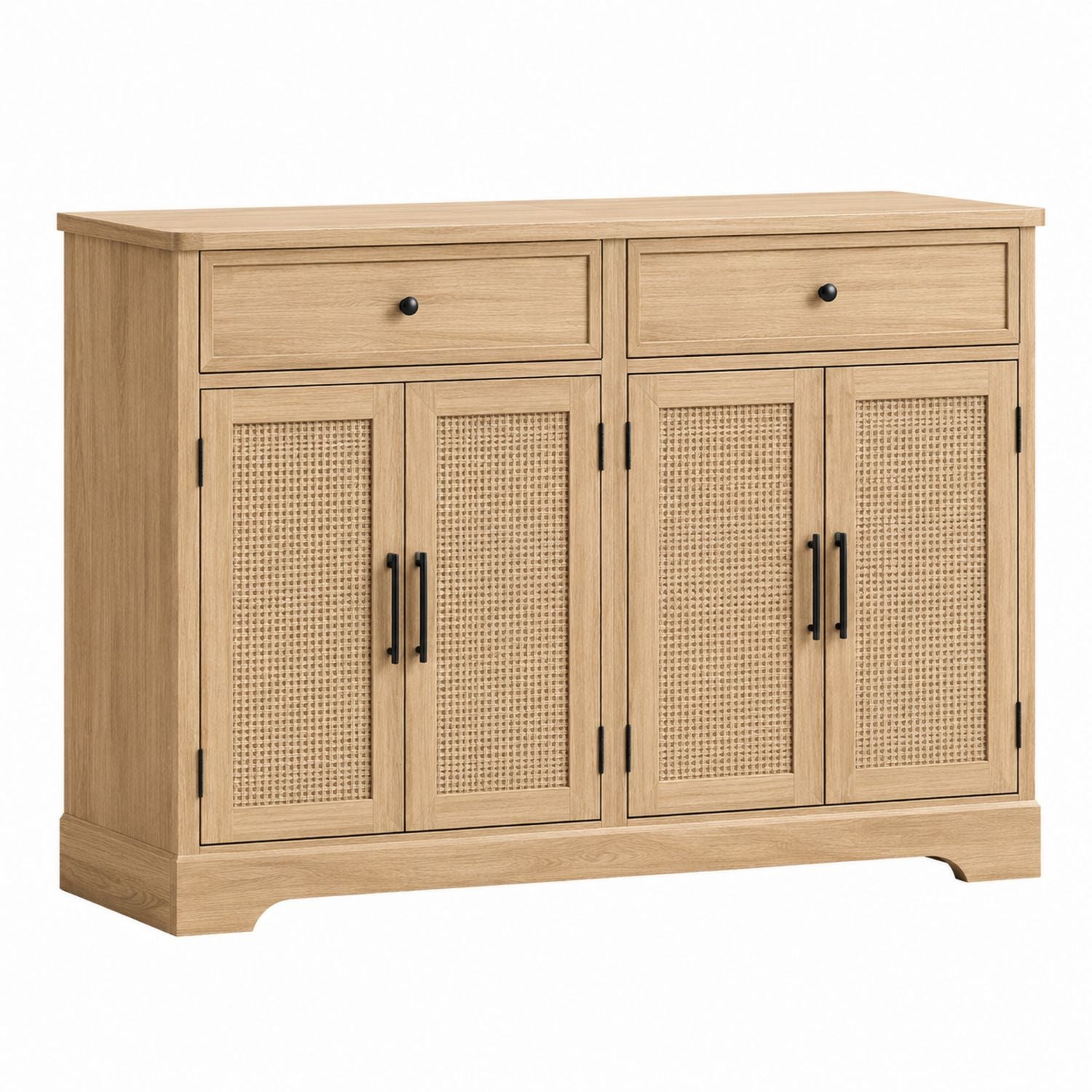 Bahut en chêne naturel avec portes en rotin et deux tiroirs 120cm x 40cm x 90cm