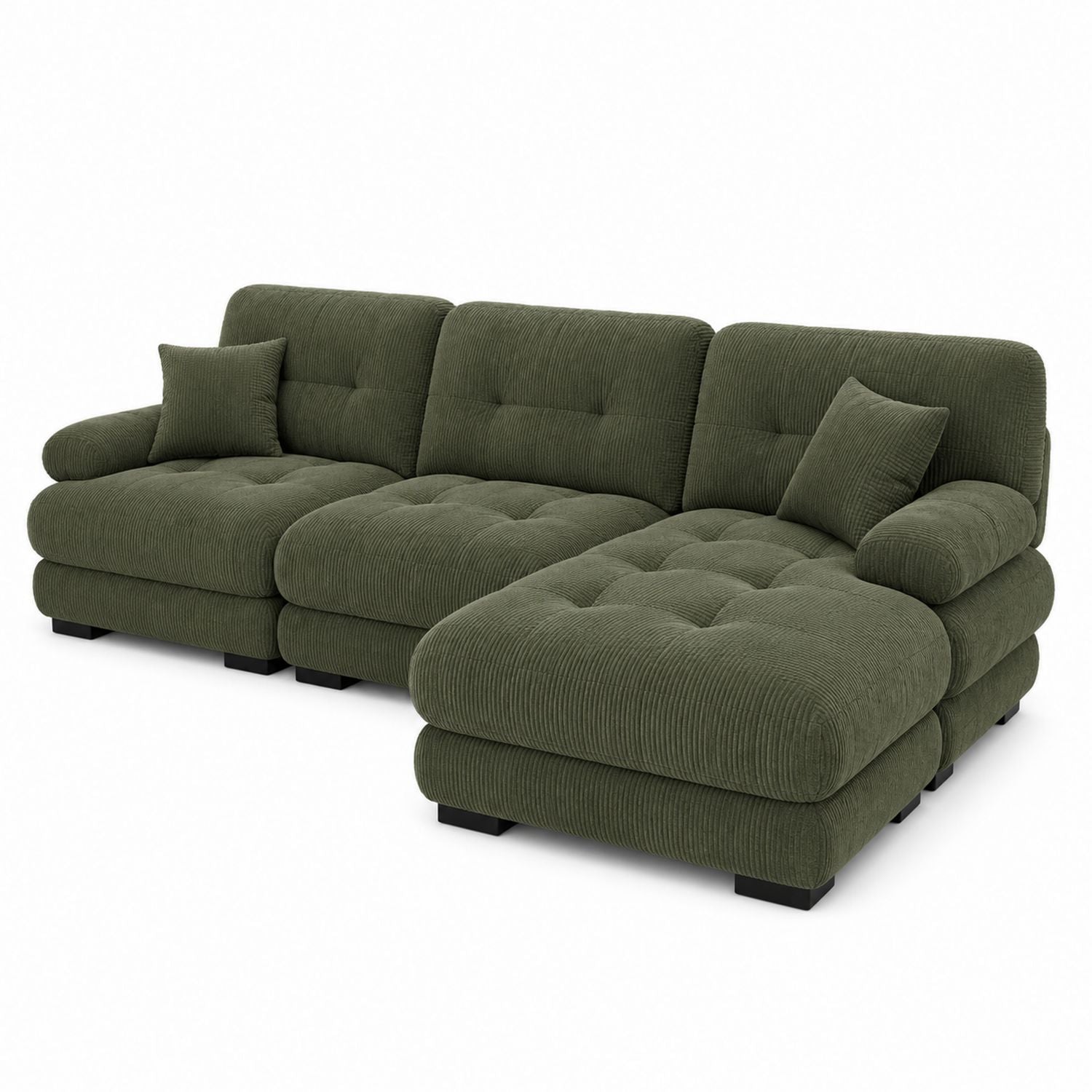 Green Corduroy Sectional Sofa 3-Piece Set with Pillows