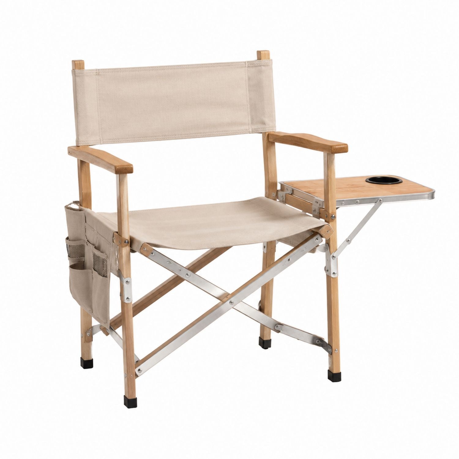 Chaise pliante d'extérieur avec toile et cadre en bambou, porte-gobelet et poche latérale beige