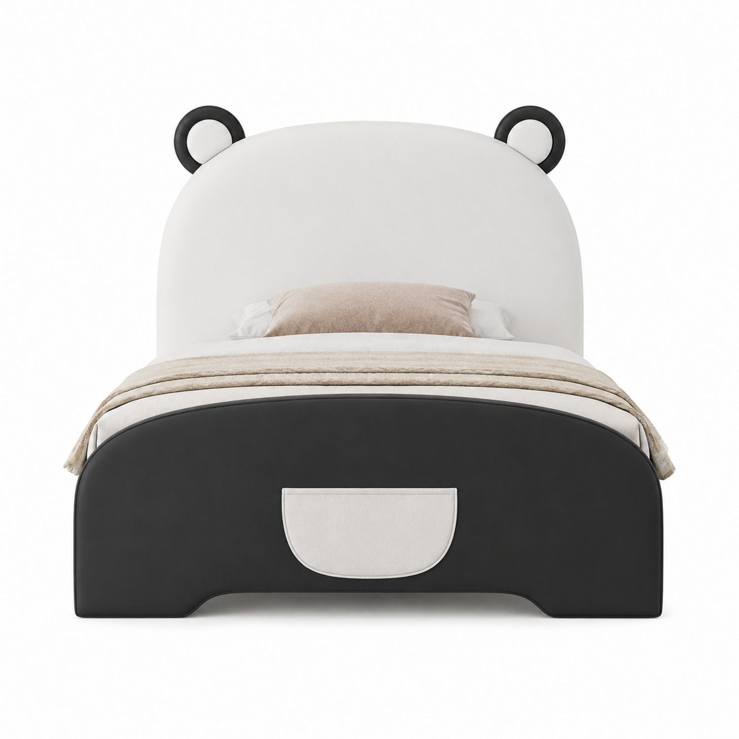 Lit enfant en similicuir noir et blanc avec oreilles d'ours 200 cm x 150 cm
