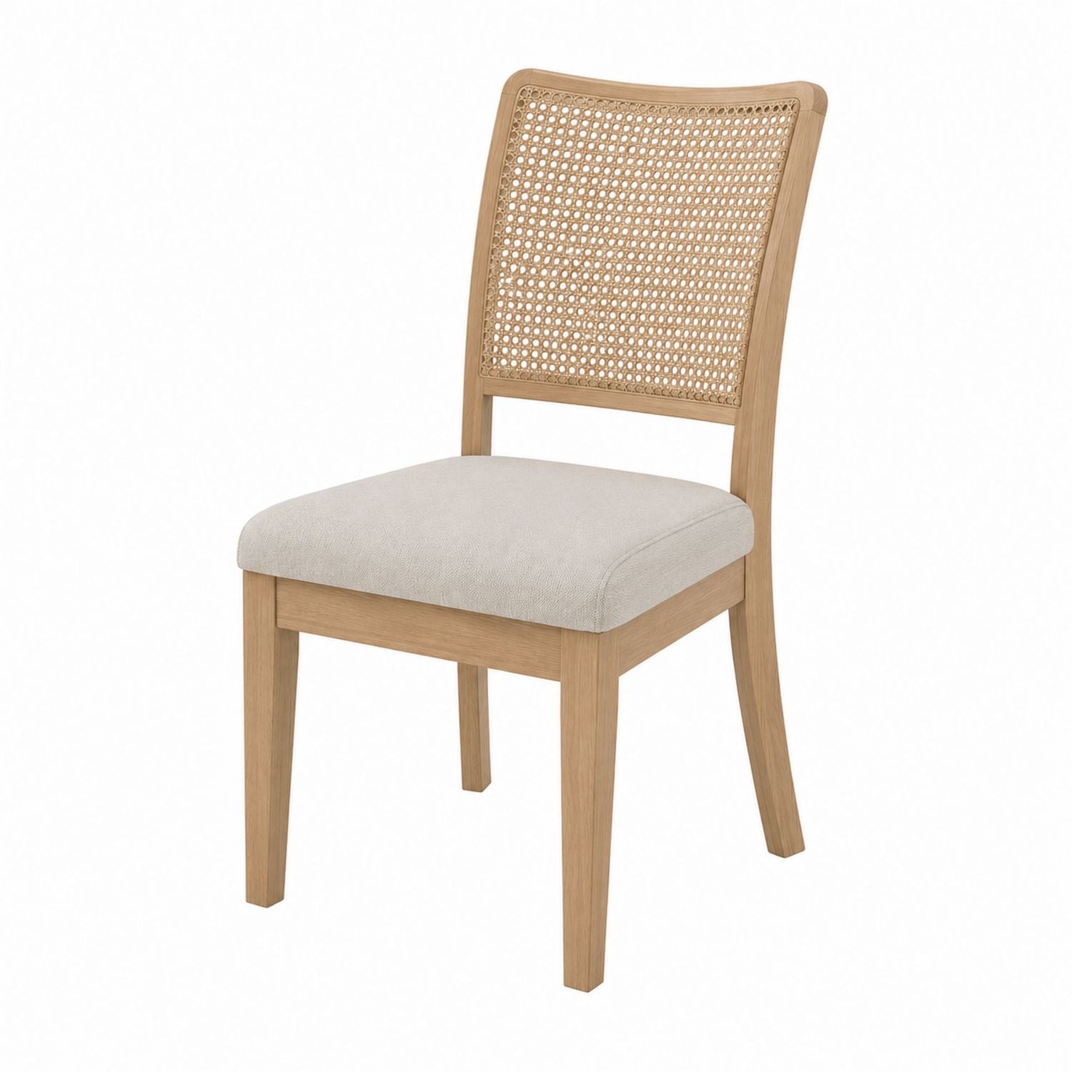Chaise de salle à manger en bois de chêne avec coussin en tissu beige et dossier en rotin