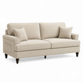 Beige Linen 3-Seater Sofa with Wooden Legs and Pillows
