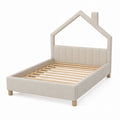 Lit jumeau capitonné en forme de maison en tissu beige avec lattes en bois