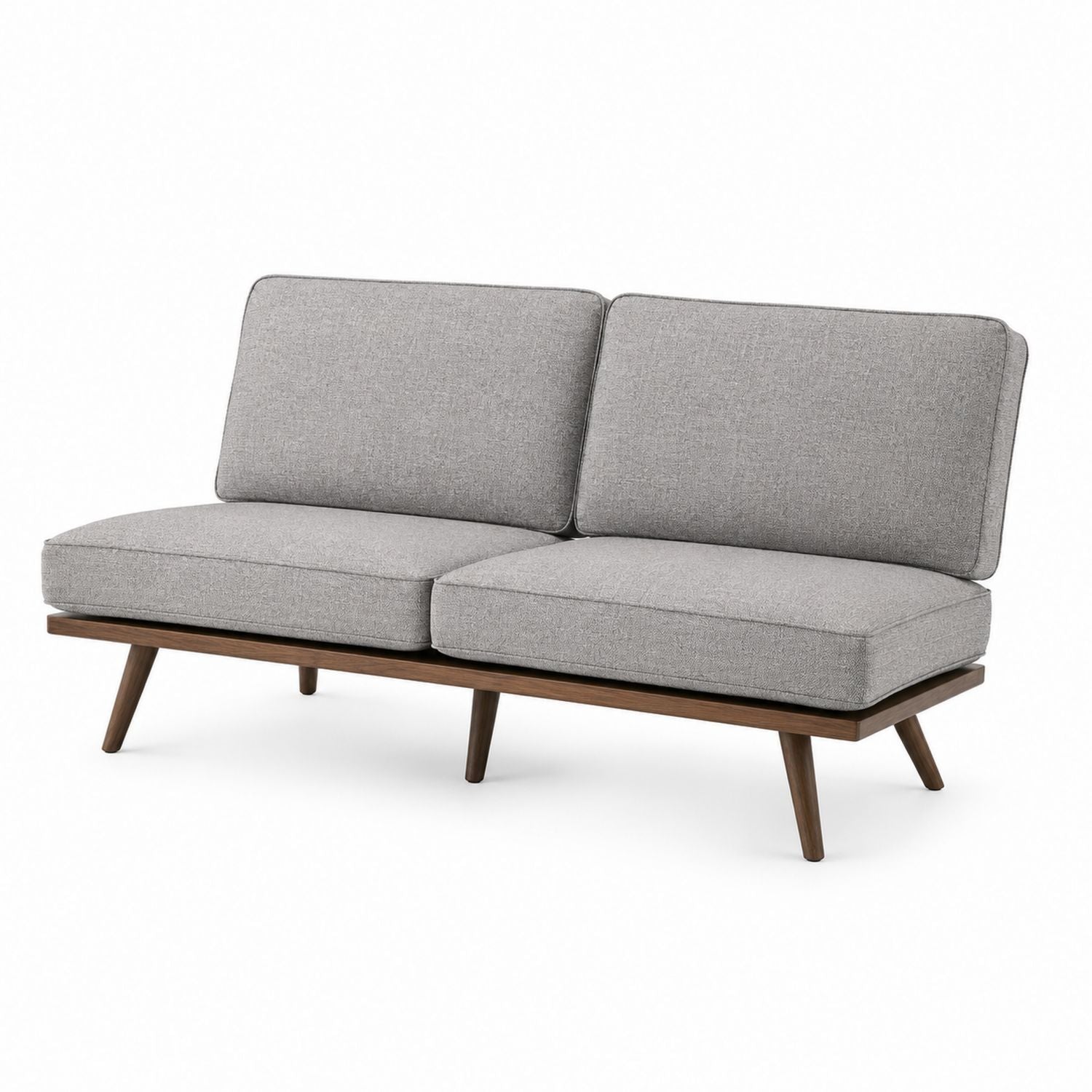 Canapé deux places en tissu gris avec cadre en bois