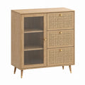 Wood Sideboard with Rattan Drawers and Glass Panel Door Natural Finish