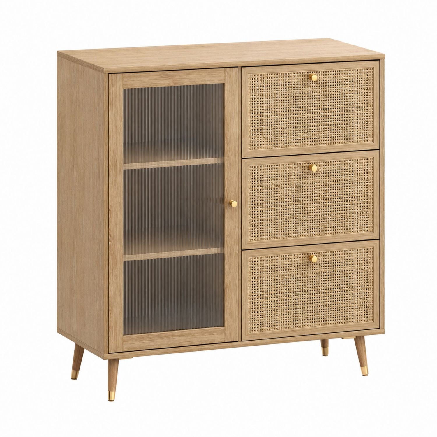Wood Sideboard with Rattan Drawers and Glass Panel Door Natural Finish